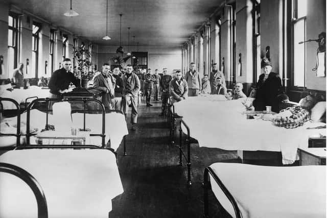 A ward at the Fourth Scottish General Hospital in Glasgow where most soldiers coming into the country with Spanish Flu were treated. This ward was for US servicemen and was run by the American National Red Cross