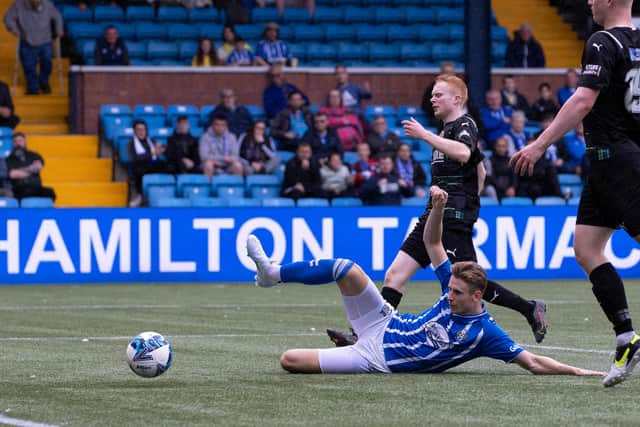 Oli Shaw scores his second of the game and Kilmarnock's 4th during the Premier Sports Cup win over Stenhousemuir at Rugby Park. (Photo by Alan Harvey / SNS Group)