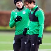 Hibs manager Jack Ross is hoping he can hold on to Kevin Nisbet (left) and Joe Newell when the transfer window opens on Friday. Photo by Mark Scates / SNS Group