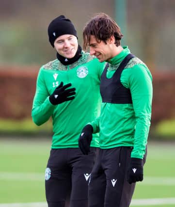 Hibs manager Jack Ross is hoping he can hold on to Kevin Nisbet (left) and Joe Newell when the transfer window opens on Friday. Photo by Mark Scates / SNS Group