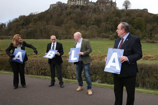 ALBA Party leader Alex Salmond alongside the  Mid Scotland and Fife candidates Neale Hanvey MP, Jim Eadie and Eva Comrie at Stirling Castle.