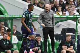 Hibs manager David Gray speaks to Jordan Obita during the Premier Sports Cup defeat at Celtic.  (Photo by Rob Casey / SNS Group)
