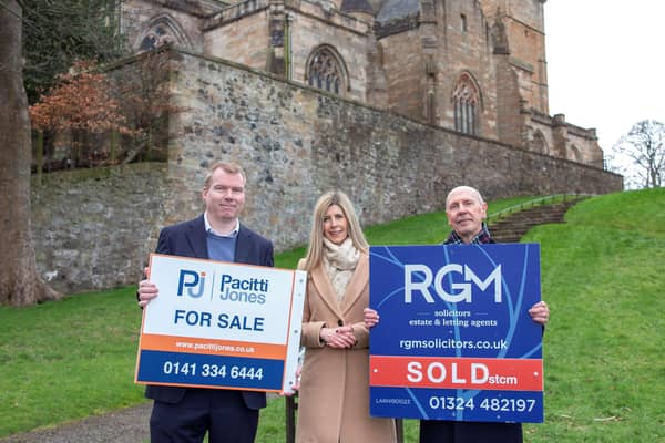 The firm has sealed a deal to take over RGM Solicitors, which is based out of offices in Linlithgow and Grangemouth. Picture shows John O’Malley, CEO Pacitti Jones; Lesley-Anne King (RGM) and Harvey Waddell, partner of RGM Solicitors.