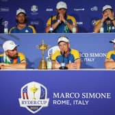 Winning captain Luke Donald talks to the media surrounded by his players following Europe's win in the 44th Ryder Cup in Rome last weekend. Picture: Andrew Redington/Getty Images.