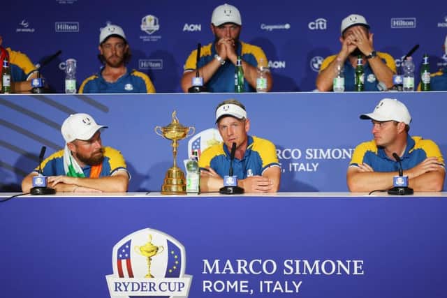 Winning captain Luke Donald talks to the media surrounded by his players following Europe's win in the 44th Ryder Cup in Rome last weekend. Picture: Andrew Redington/Getty Images.
