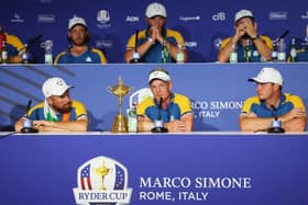 Winning captain Luke Donald talks to the media surrounded by his players following Europe's win in the 44th Ryder Cup in Rome last weekend. Picture: Andrew Redington/Getty Images.