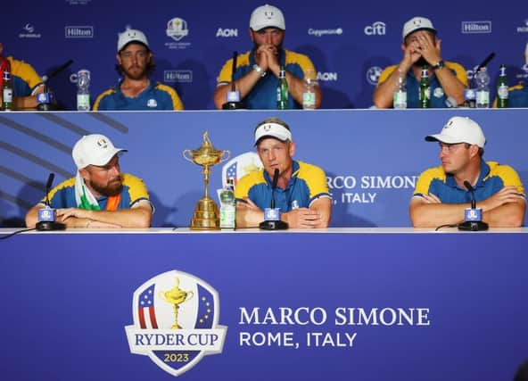 Winning captain Luke Donald talks to the media surrounded by his players following Europe's win in the 44th Ryder Cup in Rome last weekend. Picture: Andrew Redington/Getty Images.