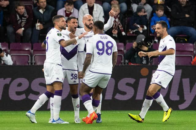 Rolando Mandragora celebrates scoring to make it 1-0 Fiorentina against Hearts.