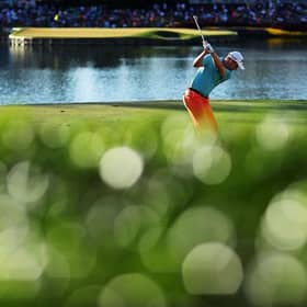 Russell Knox hits his tee shot at the iconic 17th hole on the Stadium Course at TPC Sawgrass during the third round of the The Players Championship in 2016. Picture: Richard Heathcote/Getty Images.