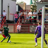Celtic's Bosun Lawal scores  to make it 2-1 during the Lowland League Match between Bonnyrigg Rose and Celtic B at New Dundas Park on July 17, 2021.