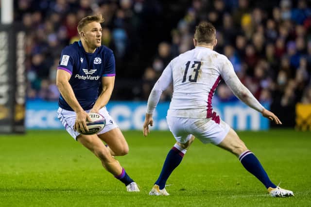 Chris Harris (left) in action for Scotland during the Six Nations win over England at Murrayfield on February 5. (Photo by Ross Parker / SNS Group)
