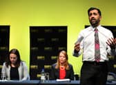 Humza Yousaf (right) taking part in the first SNP leadership hustings in Cumbernauld.