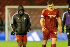 Aberdeen's Luis Lopes (L) and Slobodan Rubezic look dejected after losing to St Mirren.