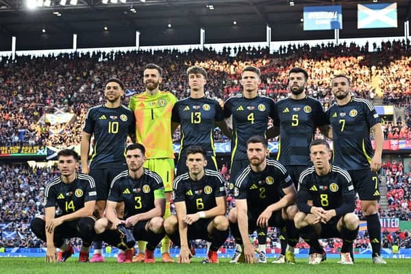 Scotland players line up before the 1-1 draw with Switzerland at Euro 2024. (Photo by JAVIER SORIANO/AFP via Getty Images)