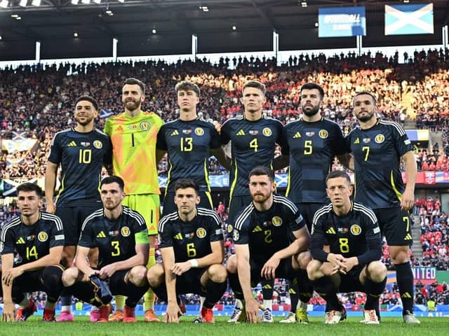 Scotland players line up before the 1-1 draw with Switzerland at Euro 2024. (Photo by JAVIER SORIANO/AFP via Getty Images)