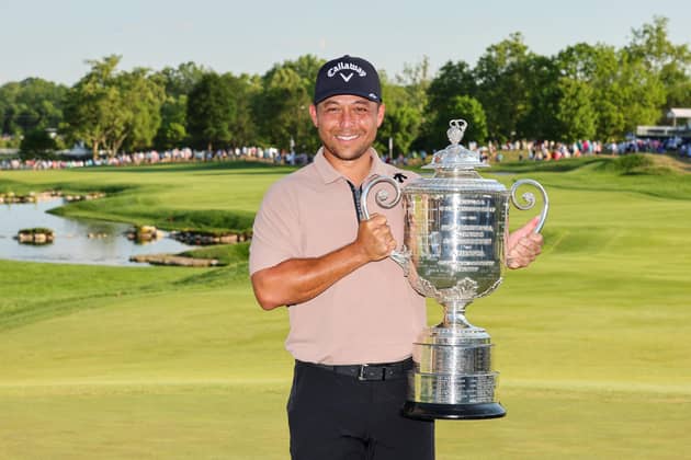 Xander Schauffele  poses with the Wanamaker Trophy after winning the 106th PGA Championship at Valhalla Golf Club in Louisville, Kentucky. Picture: Michael Reaves/Getty Images.