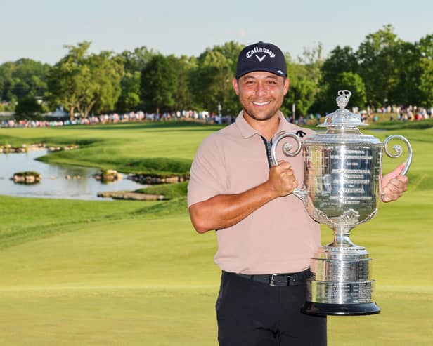 Xander Schauffele  poses with the Wanamaker Trophy after winning the 106th PGA Championship at Valhalla Golf Club in Louisville, Kentucky. Picture: Michael Reaves/Getty Images.
