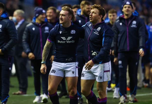 Hamish Watson and Stuart Hogg soak in the atmosphere at full time.