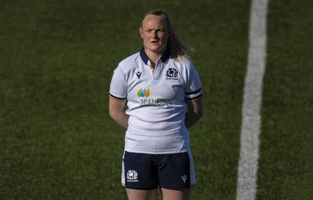 GLASGOW, SCOTLAND - APRIL 17: Scotland’s Siobhan Cattigan during the anthems before the Women's Six Nations match between Scotland and Italy at Scotstoun Stadium, on April 17, 2021, in Glasgow, Scotland. (Photo by Ross MacDonald / SNS Group)