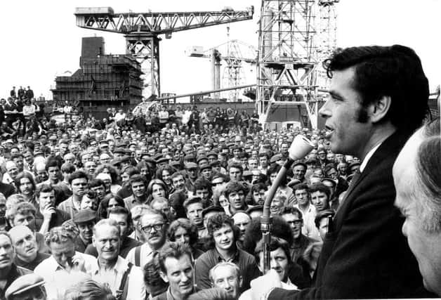 Union leader Jimmy Reid addresses a mass meeting of the Upper Clyde Shipyards at Clydebank in July 1971 (Picture: Allan Milligan)