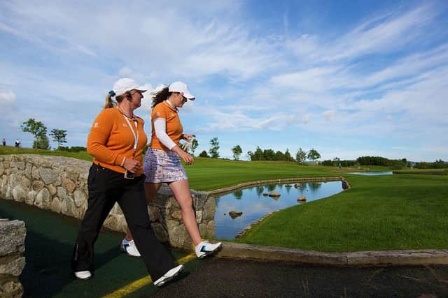Captain Elaine Farquharson-Black and Olivia Mehaffey of Great Britain & Ireland during the 2016 Curtis Cup at Dun Laoghaire Golf Club in Enniskerry, Ireland. Picture: Patrick Bolger/Getty Images.