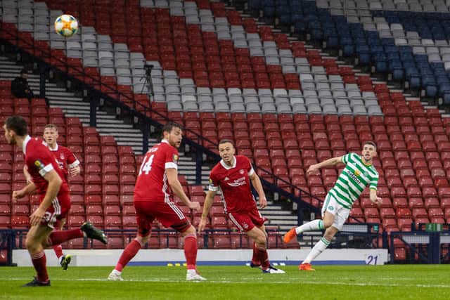 Christie curls in from 22 yards in the Covid-19 delayed 2019-20 Scottish Cup semi-final against Aberdeen in November - his strike one in the victory that set the club up for a 12th straight trophy success one of the few real high points for him in a  desperately disappointing club season. (Photo by Alan Harvey / SNS Group)