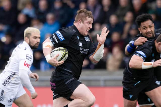 Warriors' Johnny Matthews on his way to his second try of five against Dragons. (Photo by Craig Williamson / SNS Group)