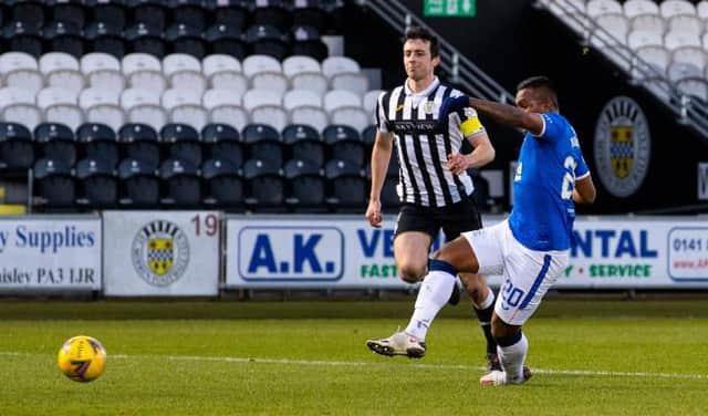 Alfredo Morelos scores to make it 2-0 Rangers during a Scottish Premiership match between St Mirren and Rangers at the SMISA Stadium, on December 30, 2020, in Paisley, Scotland. (Photo by Alan Harvey / SNS Group)