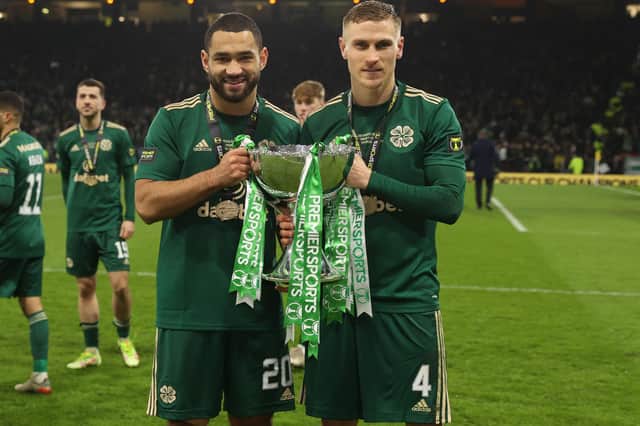 Celtic’s Cameron Carter-Vickers and Carl Starfelt celebrate with the Premier Sports Cup final success over Hibs on in December with the Swedish international convinced their mix can be the defensive foundation for more success this season.  (Photo by Craig Williamson / SNS Group)