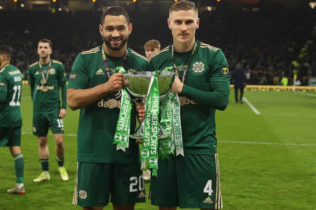 Celtic’s Cameron Carter-Vickers and Carl Starfelt celebrate with the Premier Sports Cup final success over Hibs on in December with the Swedish international convinced their mix can be the defensive foundation for more success this season. (Photo by Craig Williamson / SNS Group)