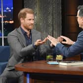 Prince Harry with Stephen Colbert during a taping of "The Late Show with Stephen Colbert"