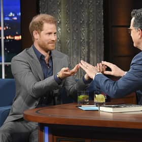 Prince Harry with Stephen Colbert during a taping of "The Late Show with Stephen Colbert"