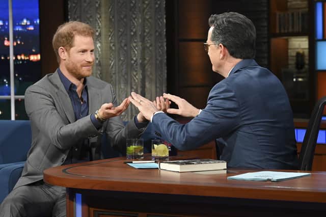 Prince Harry with Stephen Colbert during a taping of "The Late Show with Stephen Colbert"