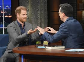 Prince Harry with Stephen Colbert during a taping of "The Late Show with Stephen Colbert"