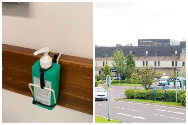 Hand sanitiser is being secured using cable ties at St John's Hospital in Livingston