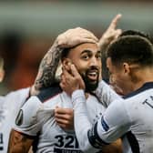 Rangers' Kemar Roofe celebrates after scoring a goal during the UEFA Europa League first-leg Group D football match between Standard Liege and Glasgow Rangers FC at Maurice-Dufrasne stadium in Liege, on October 22, 2020. (Photo by BRUNO FAHY/BELGA/AFP via Getty Images)