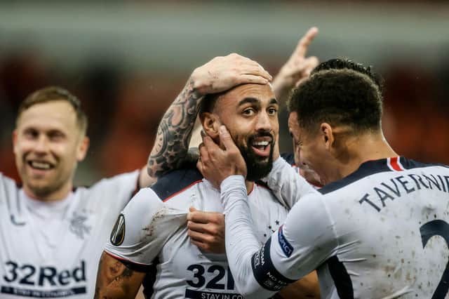 Rangers' Kemar Roofe celebrates after scoring a goal during the UEFA Europa League first-leg Group D football match between Standard Liege and Glasgow Rangers FC at Maurice-Dufrasne stadium in Liege, on October 22, 2020. (Photo by BRUNO FAHY/BELGA/AFP via Getty Images)