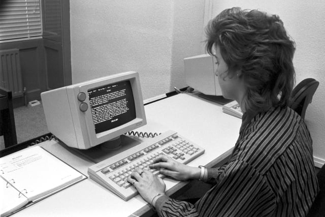 An employee using a Wang word-processor at Wang Computers in Edinburgh, February 1987.