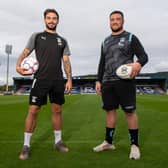 INVERNESS, SCOTLAND - AUGUST 24: Warriors Zander Fagerson and Inverness' George Oakley preview the match between Glasgow Warriors and Worcester Warriors  at the Caledonian Stadium, on August 24, 2022, in Inverness, Scotland. (Photo by Ross MacDonald / SNS Group)
