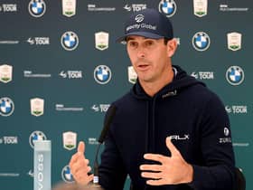 Defending champion Billy Horschel talks to the media during a press conference prior to the BMW PGA Championship at Wentworth. Picture: Ross Kinnaird/Getty Images.