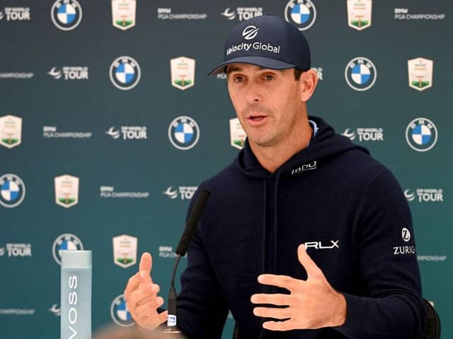 Defending champion Billy Horschel talks to the media during a press conference prior to the BMW PGA Championship at Wentworth. Picture: Ross Kinnaird/Getty Images.