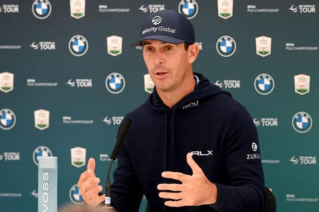 Defending champion Billy Horschel talks to the media during a press conference prior to the BMW PGA Championship at Wentworth. Picture: Ross Kinnaird/Getty Images.
