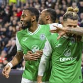 Hibs' Emiliano Marcondes celebrates after making it 1-0 against Hearts at Tynecastle last month.