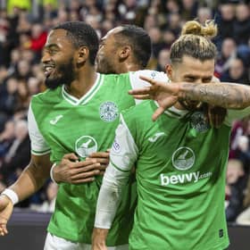 Hibs' Emiliano Marcondes celebrates after making it 1-0 against Hearts at Tynecastle last month.
