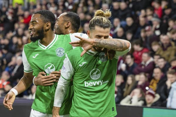 Hibs' Emiliano Marcondes celebrates after making it 1-0 against Hearts at Tynecastle last month.