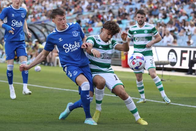 Celtic winger Jota tussles with Everton and Scotland full-back Nathan Patterson in the Sydney Super Cup fixture at the Accor Stadium. (Photo by Scott Gardiner/Getty Images)