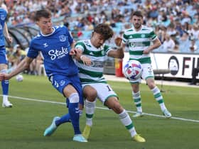 Celtic winger Jota tussles with Everton and Scotland full-back Nathan Patterson in the Sydney Super Cup fixture at the Accor Stadium. (Photo by Scott Gardiner/Getty Images)