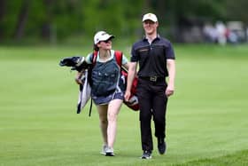 Craig Howie and his caddie on the 18th hole during the first round of the Volvo Car Scandinavian Mixed Hosted by Henrik & Annika at Halmstad Golf Club. Picture: Naomi Baker/Getty Images.