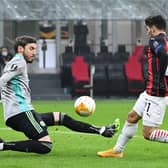 AC Milan's Spanish midfielder Brahim Diaz scores past Celtic's Greek goalkeeper Vasilis Barkas. Picture: Getty