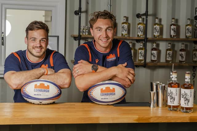 Jamie Ritchie (right), with Edinburgh team-mate Wes Goosen, at the launch of a commercial partnership with Uhuru Rum. (Photo by Euan Cherry / SNS Group)